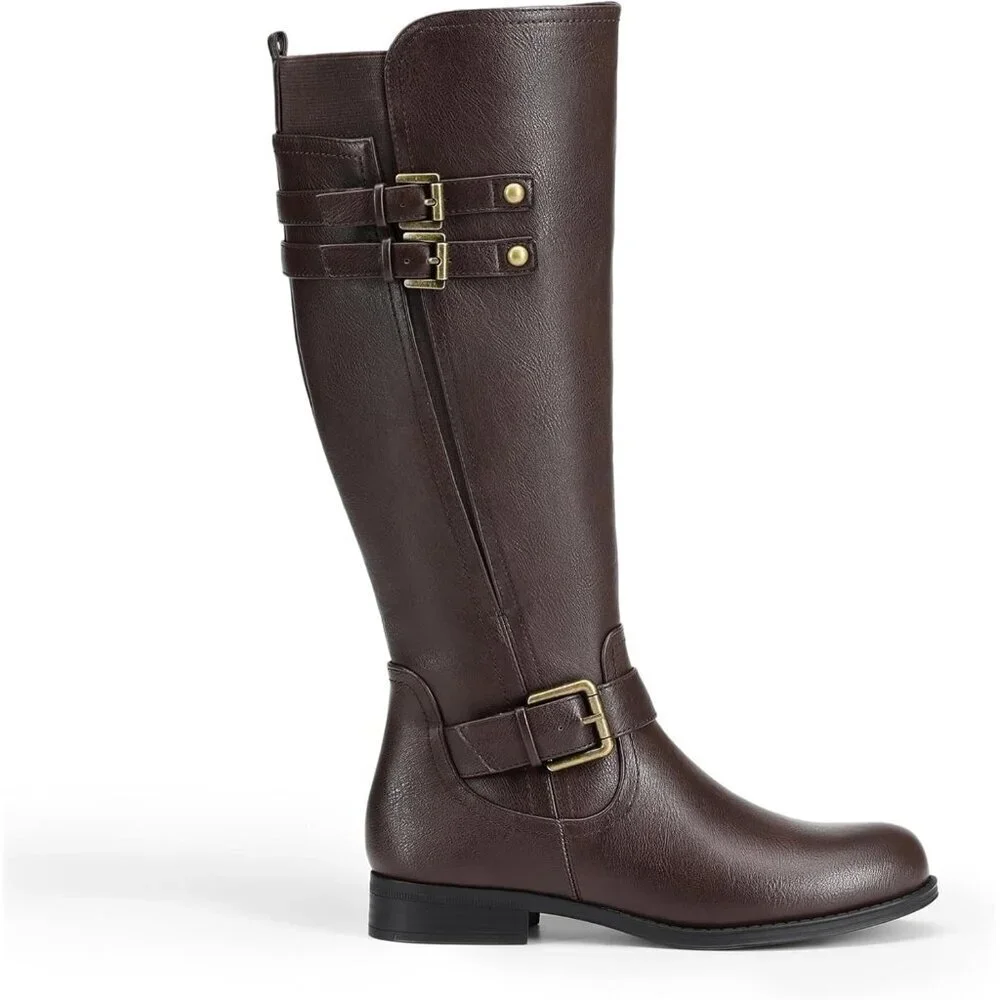Women's Faux Leather Brown Knee High Buckle Chunky Heel Flat Riding Pirate Boots